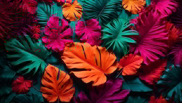 Creative fluorescent color layout made of tropical leaves. Flat lay neon colors. Nature concept.. Ai Generated photo