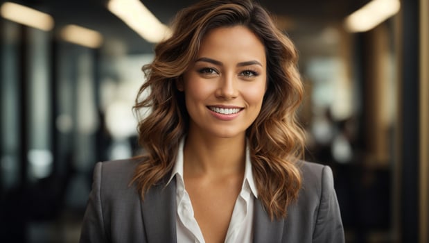 Portrait of happy woman looks in camera. Ai Generated photo