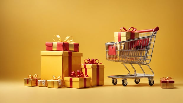 Shopping cart with gift boxes, isolated on yellow background. Ai Generated photo