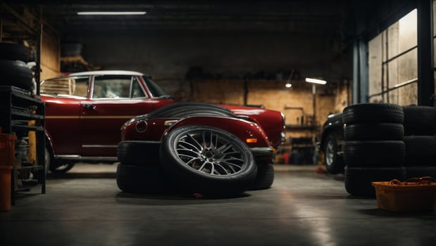 Garage background. Car tire set in private garage.. Ai Generated photo