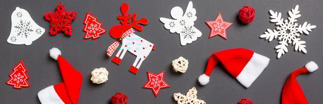 Top view Banner of New Year decorations on black background. Merry Christmas concept photo