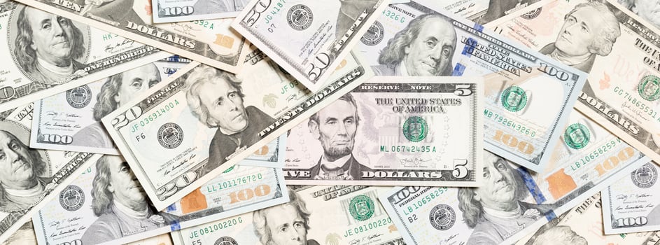 Top view of various dollar cash background. Different banknotes concept. Wealth and rich concept photo