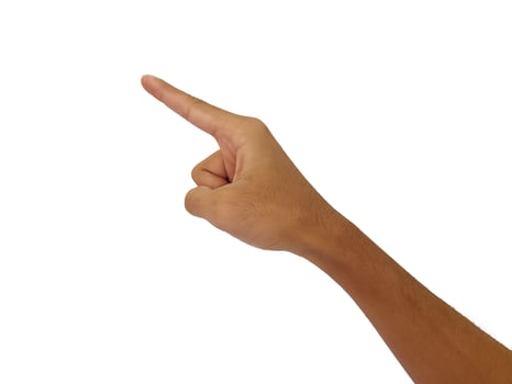 Man pointing at something on white background, closeup of hand photo