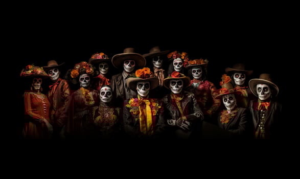 Day of the dead Mexico, AI Generative full family portrait wearing costumes. Portrait, skull, dia de los muertos. photo