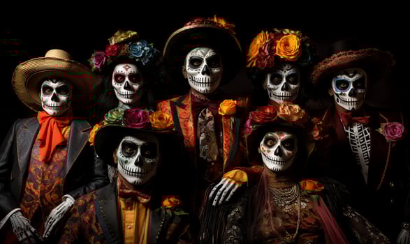 Day of the dead Mexico, AI Generative full family portrait wearing costumes. Portrait, skull, dia de los muertos. photo