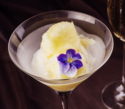 Peach and melon sorbet in bowl with a glass of champagne photo