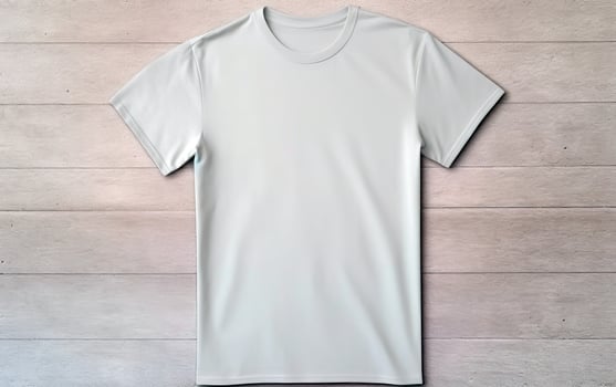 White T-Shirt on wood background for template and mockup. Cut out front t-shirt for comercial use. AI Generative photo