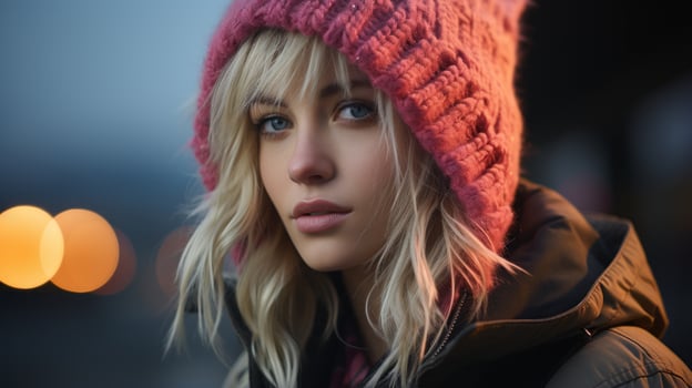 a beautiful blonde woman wearing a pink beanie generative ai photo