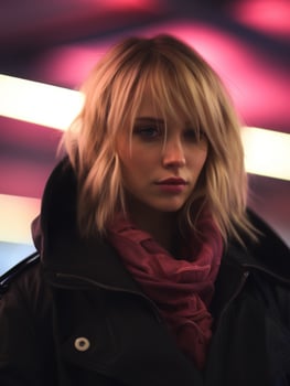 a blonde haired woman in a black jacket and pink scarf generative ai photo