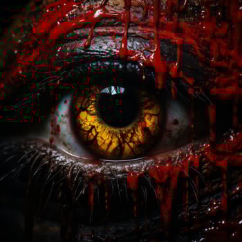 a close up of a bloody eye with blood dripping down it generative ai photo