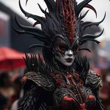 a woman dressed in black and red with horns on her head generative ai photo