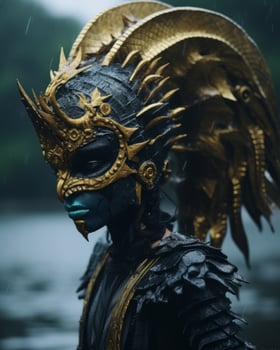 a woman in a gold and black mask standing in the water generative ai photo
