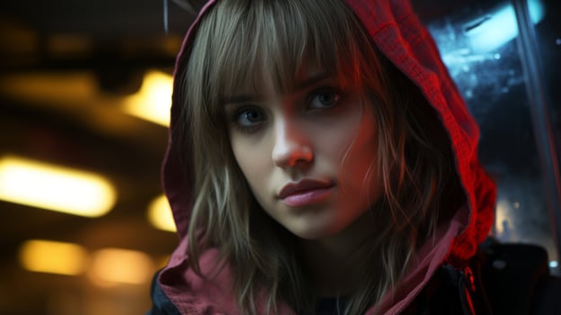 a woman in a hoodie is looking at the camera generative ai photo