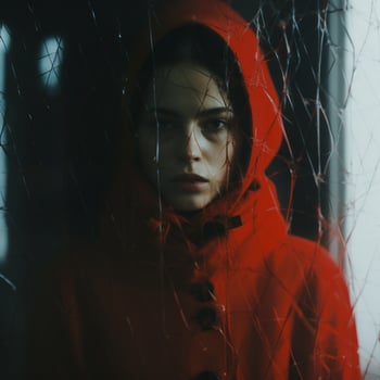 a woman in a red hoodie standing in front of a window generative ai photo