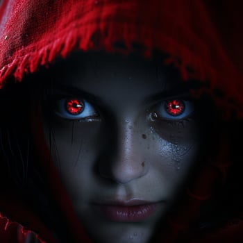 a woman in a red hoodie with red eyes generative ai photo