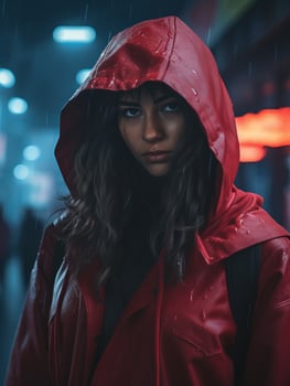 a woman in a red raincoat standing in the rain generative ai photo
