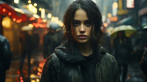 a woman standing in the rain with umbrellas generative ai photo
