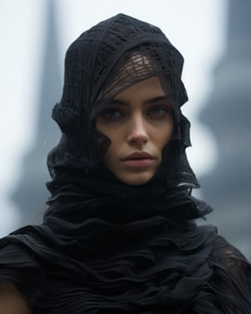a woman wearing a black veil in the rain generative ai photo