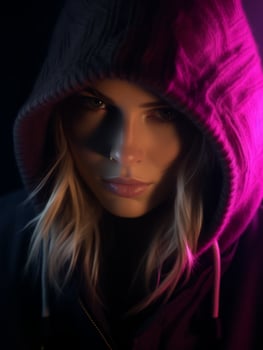 a woman wearing a hoodie in front of a purple light generative ai photo