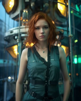 a woman with red hair standing in front of a clock generative ai photo