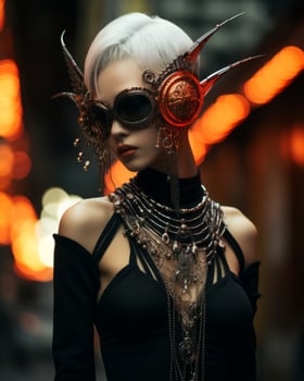 a woman with white hair and glasses in the city generative ai photo