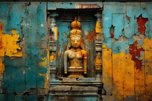 an old wooden door with a buddha statue on it generative ai photo