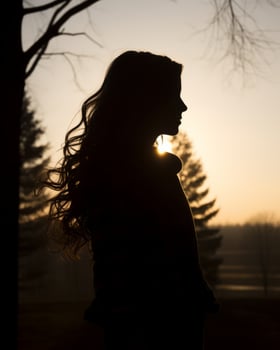 silhouette of a woman standing in front of a tree at sunset generative ai photo