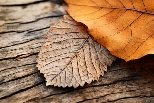 two autumn leaves on a wooden surface generative ai photo