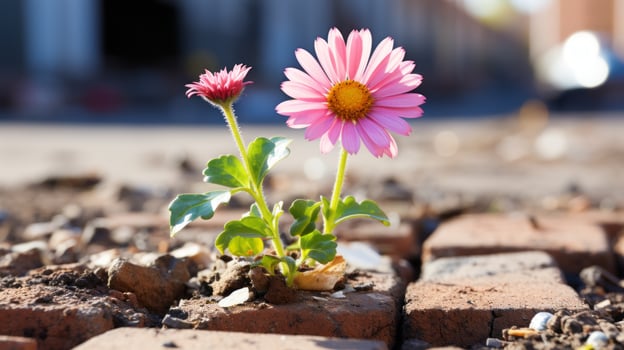 two pink flowers growing out of a brick wall generative ai photo