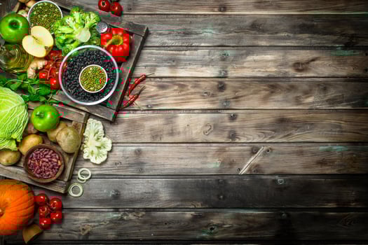 Healthy food. Healthy assortment of vegetables and fruits with legumes. photo