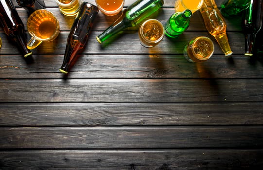 Beer in bottles and glasses. photo