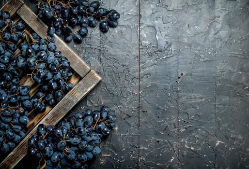 Black grapes on a wooden tray. photo