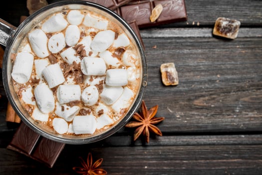 Hot chocolate with cinnamon and marshmallows. photo