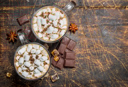 Hot chocolate in mugs with marshmallows and fragrant cinnamon. photo