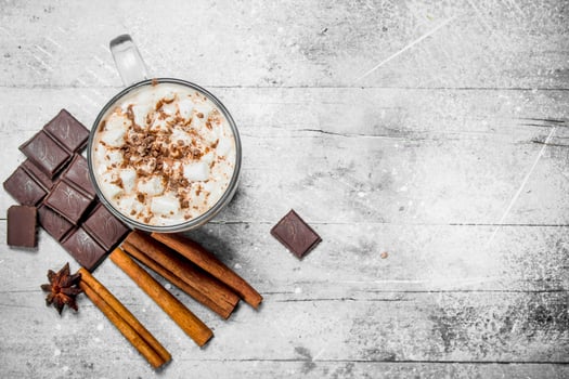 Hot chocolate with marshmallows and cinnamon. photo