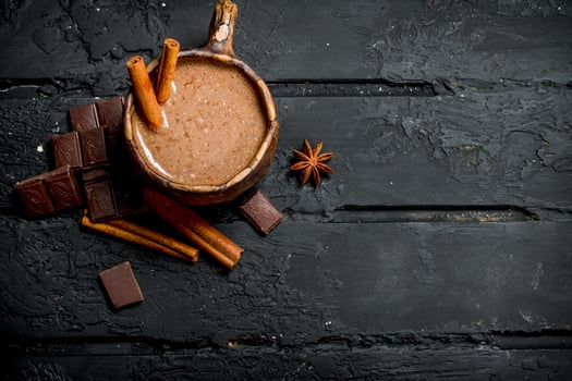 Hot chocolate with cinnamon sticks. photo