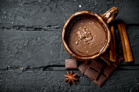 Hot chocolate with cinnamon sticks. photo