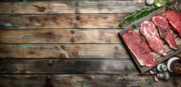 Raw meat. Beef steaks and pork with spices. photo