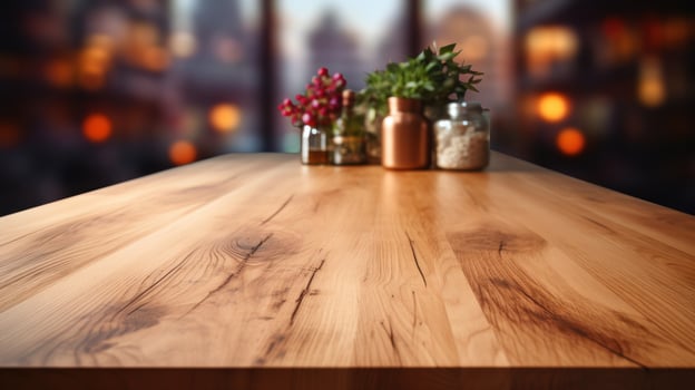 A wooden table top is shown in sharp focus against a blurred kitchen background in a detailed photograph photo