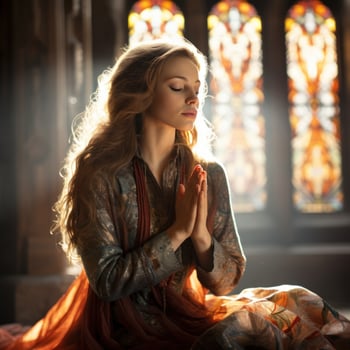 a young woman is sitting inside a church and appears to be deep in prayer. photo