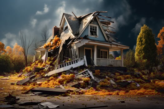 Partially destroyed house after a tornado. A house in ruins and in rubble. A natural disaster. The storm and hurricane wrecked the house. In blue yellow colors. For poster, banner. AI generated photo