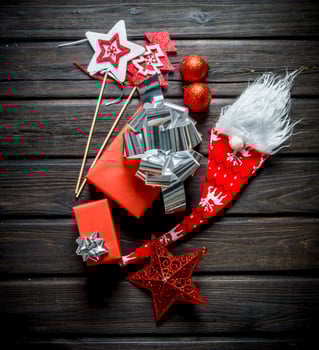 Christmas composition of red gift boxes and Christmas decorations. photo