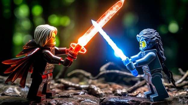 Lego warriors battling in a fierce epic duel AI Generative photo