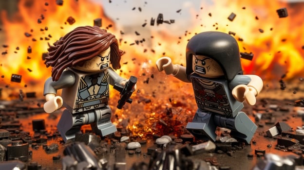 Lego warriors battling in a fierce epic duel AI Generative photo