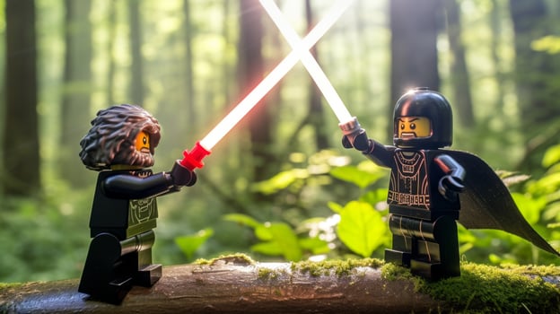 Lego warriors battling in a fierce epic duel AI Generative photo