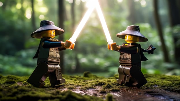 Lego warriors battling in a fierce epic duel AI Generative photo