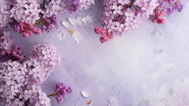 space for text on textured background surrounded by Lilac flowers from top view, background image, AI generated photo