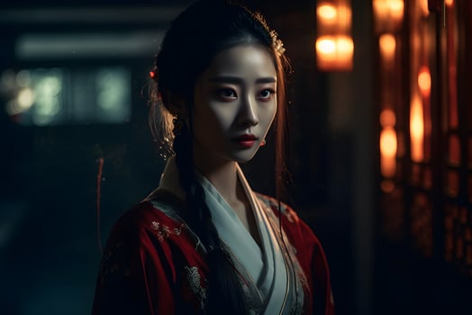Asian woman in kimono at night. Neural network AI generated photo