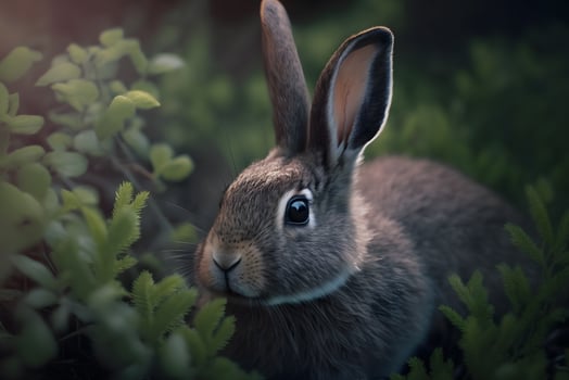 Cute brown hare, lepus europaeus, jumping closer on grass in spring nature. Young brown rabbit coming forward in green wilderness. Neural network AI generated photo