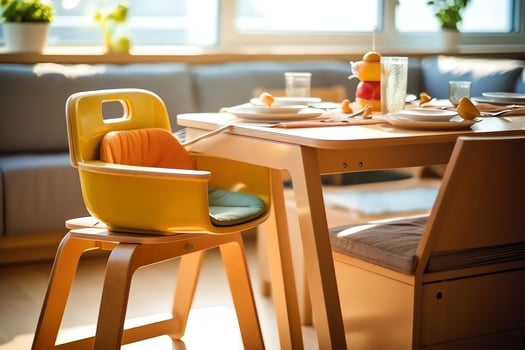 Conventional baby feeding chair in the dining table at home or kitchen. Child high chair furniture concept by AI Generated photo
